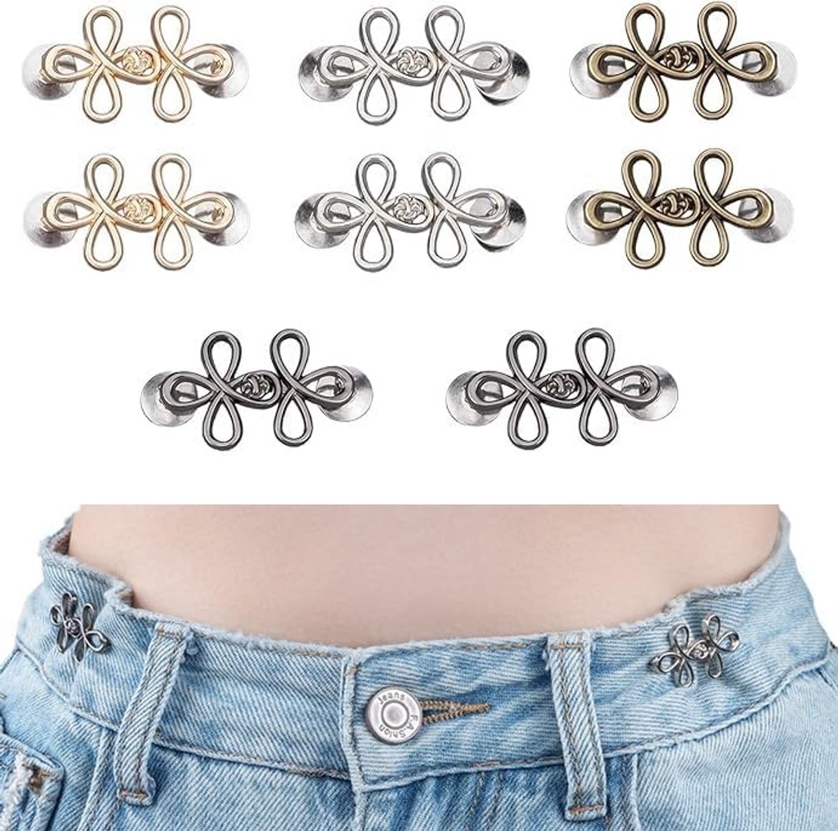 Knopen voor jeans, klaverblad design, zonder naaien, om de taille te verkleinen, verstelbare gesp voor broeken, met perfecte pasvorm in 4 kleuren