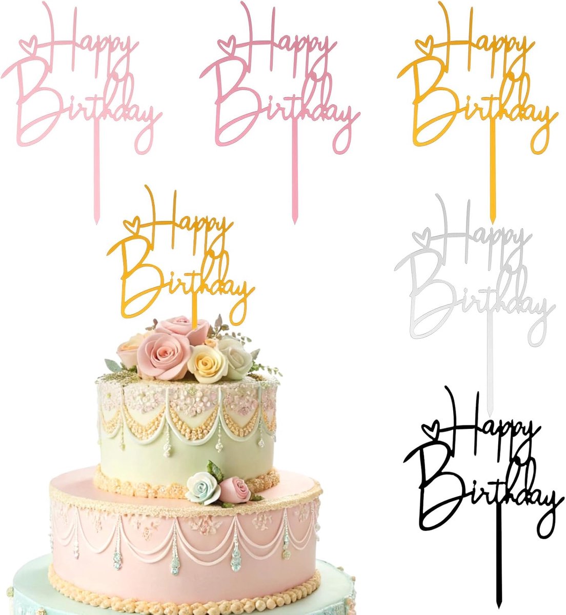 5 stuks Happy Birthday taartdecoratie acryl taartdecoratie verjaardag Happy Birthday taarttopper verjaardag taartstekers voor meisjes jongens vrouwen man (5 kleuren)