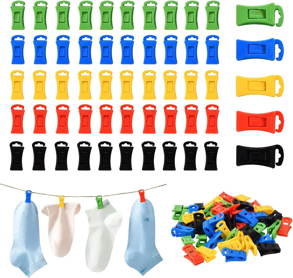 50 sokken voor wasmachine en droger, antislip kunststof clips met haken voor het organiseren van kleding, meerkleurige sokkenhouder, ondergoed en handdoeken, inclusief opbergtas