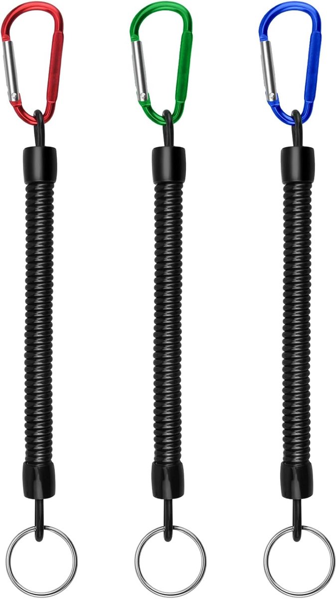 Sleutelhangers, intrekbare spiraalvormige sleutelhanger met gekleurde karabijnhaak voor sleutels, portefeuilles, mobiele telefoon, gereedschapskoord voor kajakvisgereedschap, 3 stuks