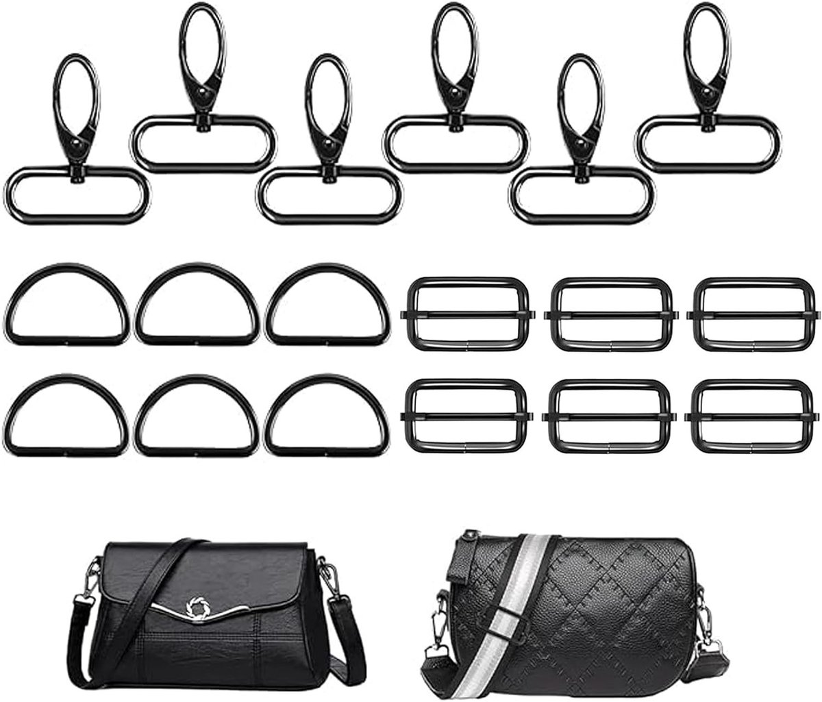 Set van 18 Naaibenodigdheden voor Tassen, Inclusief Metalen Slide Buckle, D-Ringen en Carabiners voor DIY Tasbanden en Creatieve Projecten