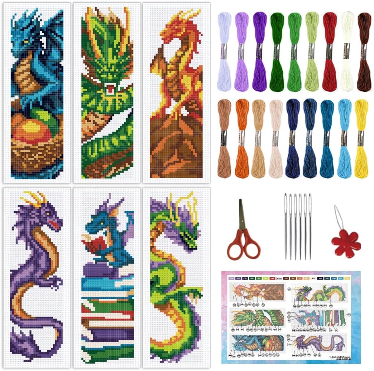 SolidKeus - Set van 6 DIY Cross Stitch Boekenleggers met Draakpatroon