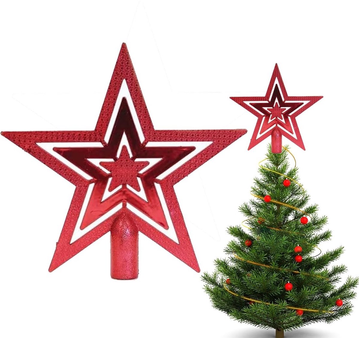 SolidKeus - Rood Glitterende Poinsettia Ster Kerstboomtopper 20 cm