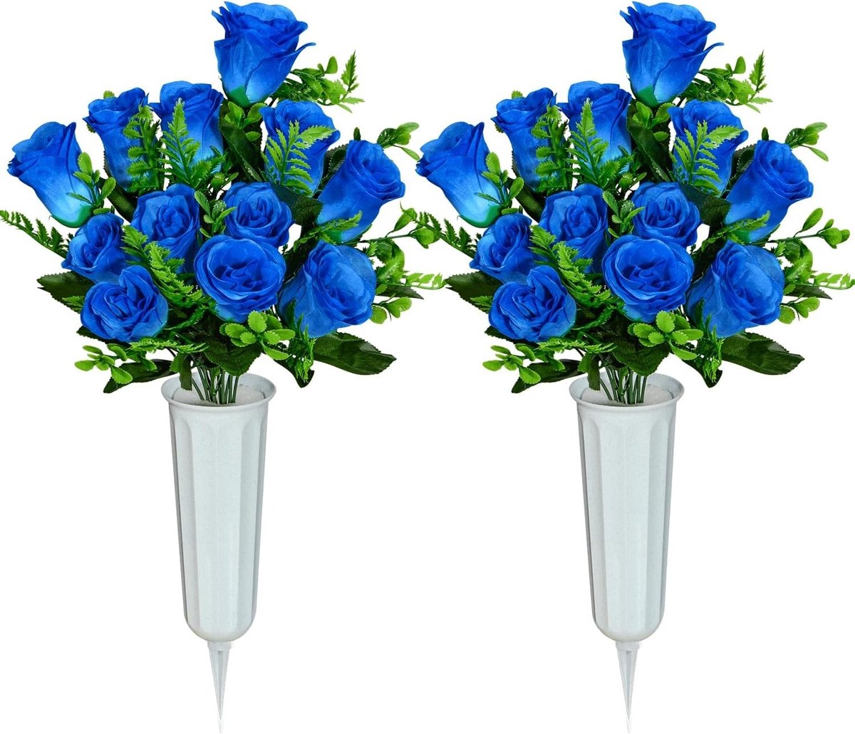 Kunstmatige Begrafenis Bloemen met Vaasje, Rozenboeket voor Grafdecoratie en Herinnering (Blauw - 2 Stuks)