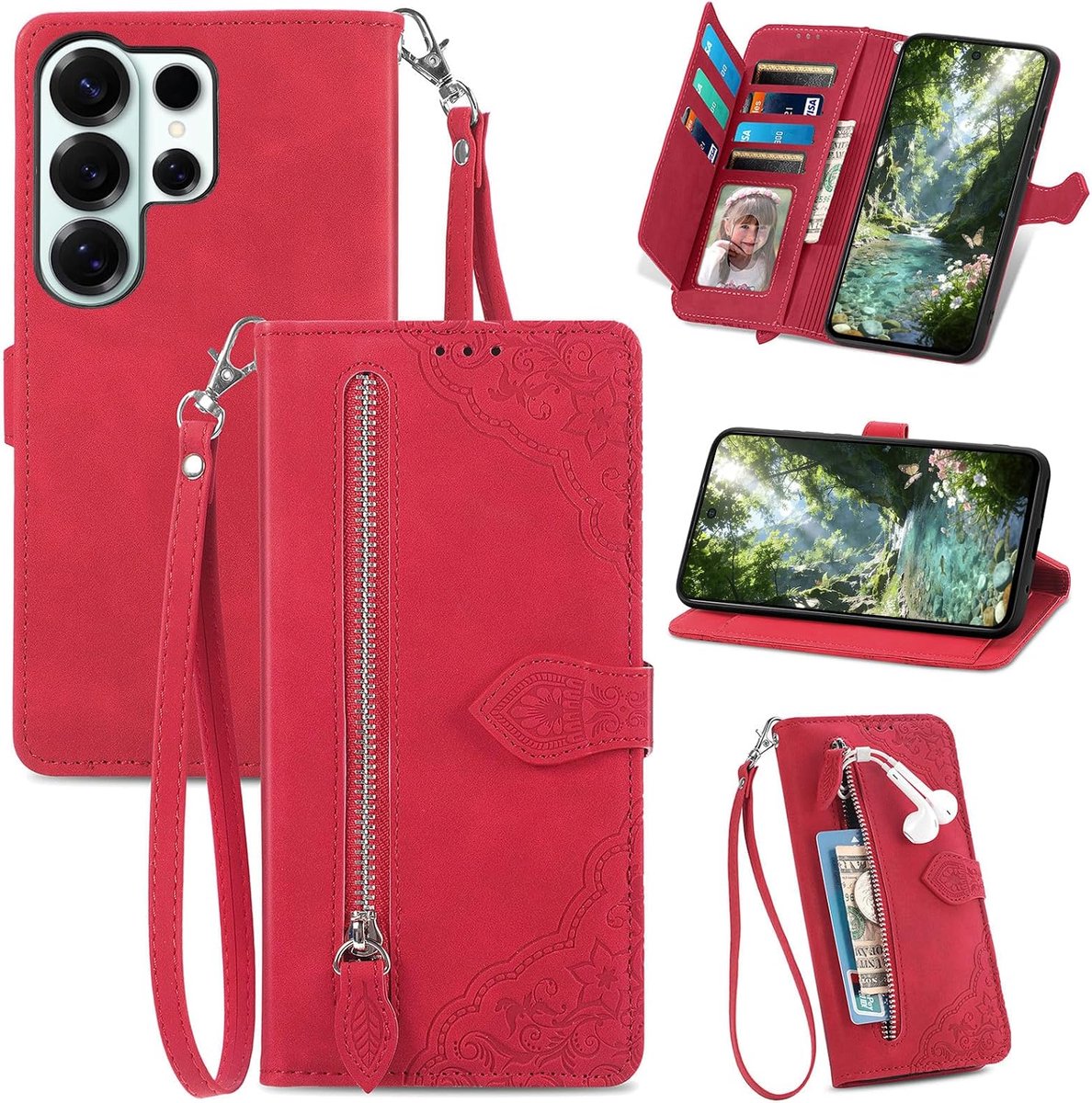 Hoesje voor Samsung Galaxy S26 Ultra, lederen portemonnee flip book hoesje met kaarthouder, standaard en handriem, mooie bloem schokbestendig hoesje huid, rood