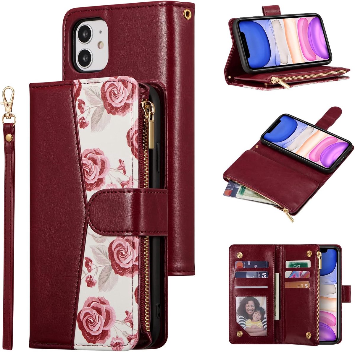 Portemonnee-hoesje voor iPhone 11 6,1 inch, PU-lederen fliphoesje met kaartsleuven en ritsvak, handriem met uniek rozenontwerp - wijnrood