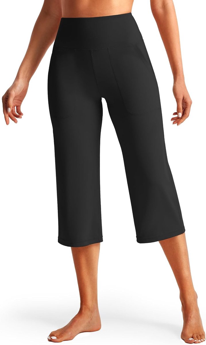 Rechte Pijp Legging Dames Yogabroek Capribroek Sport Gymbroek Hoog Taille Rekbare Capri 3/4 Broek Wijde Pijp Zomer Licht Sport Gym Pants 21" met Zakken