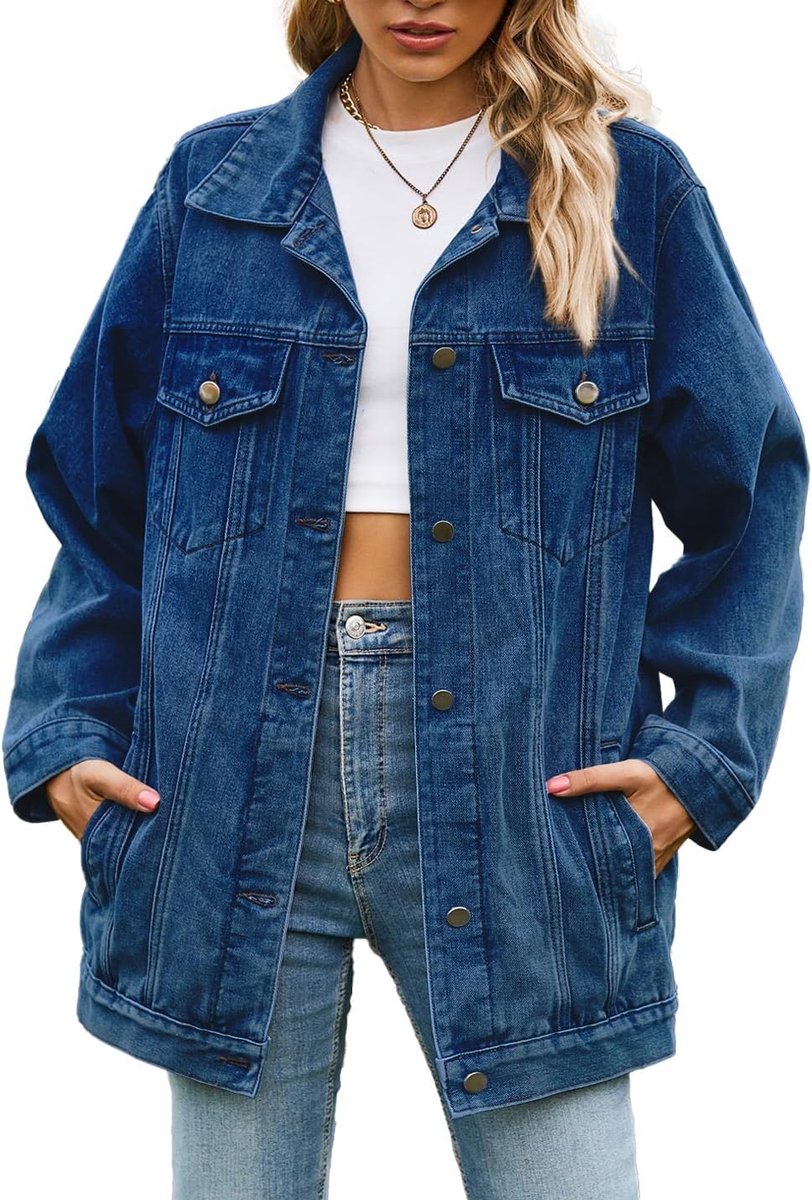 Denim jas voor dames, oversized, button up, turn down kraag, losse lange mouwen, halflange mantel