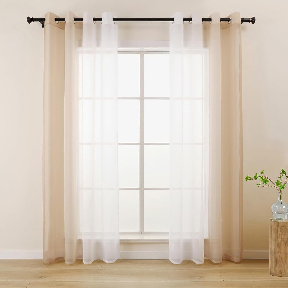 Gordijn, beige wit kleurverloop, transparante gordijnen voor woonkamer slaapkamer, 140 x 245 cm lang, set van 2 voile-gordijnen met inslagringen, decoratieve sjaals, licht