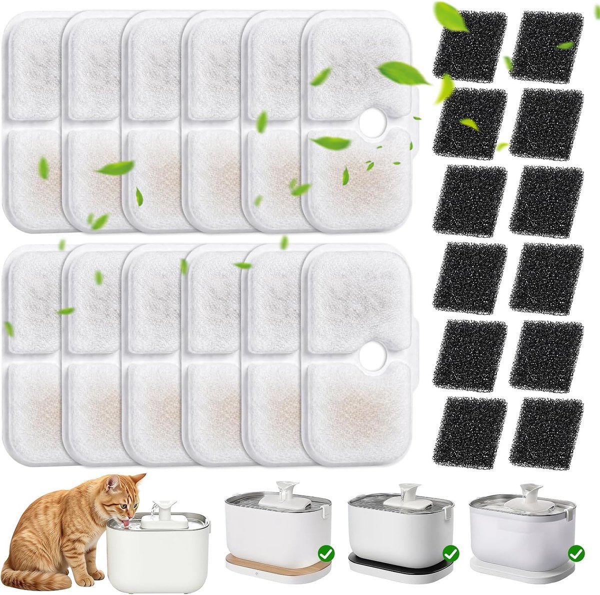 24 stuks kattenfontein filters, vervangingsfilters voor drinkfontein met 12 koolstoffilters en 12 filtersponzen, voor automatische waterfontein voor katten en huisdieren