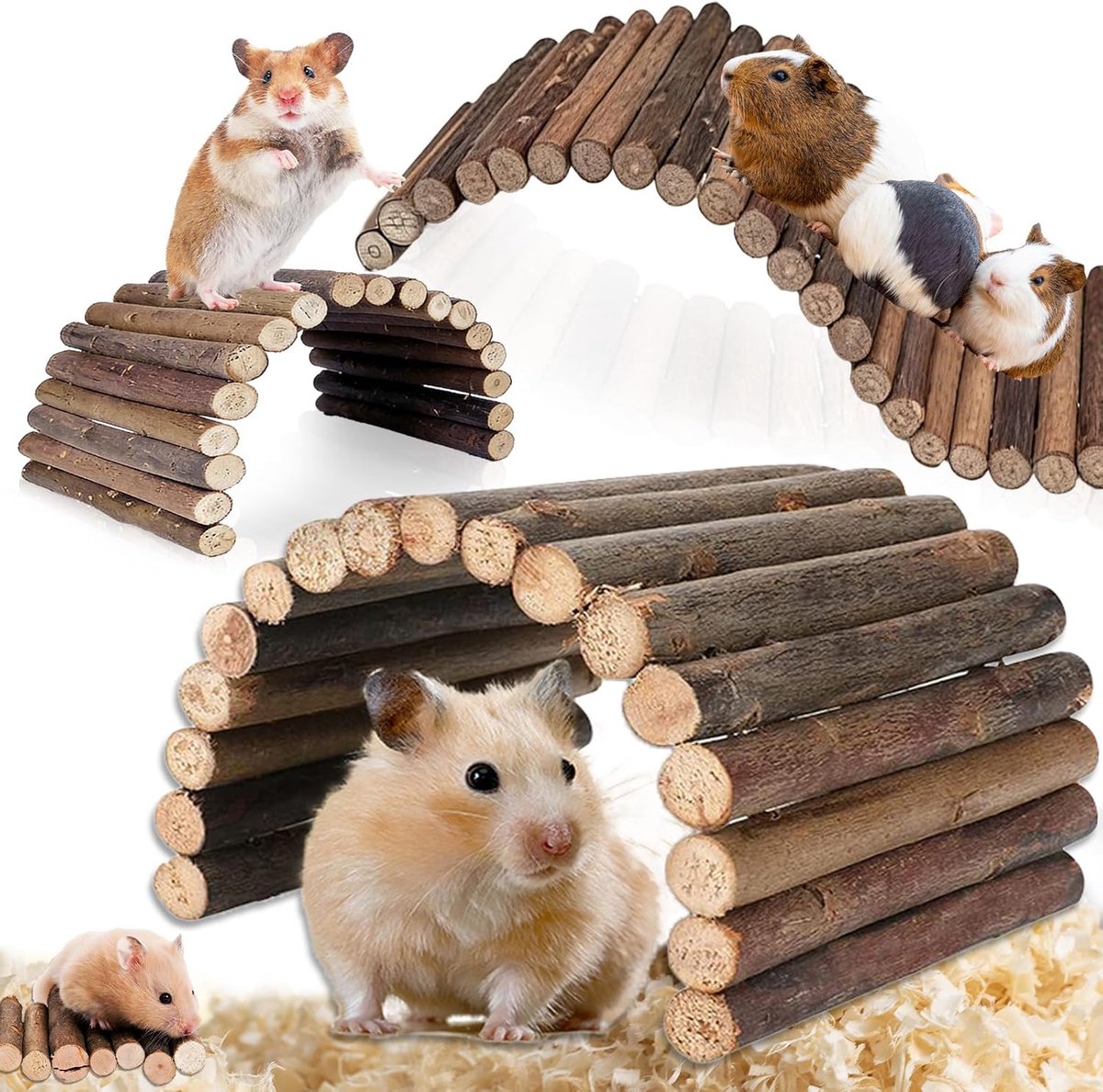 3 Stuks Hamsterbrug, Houten Hamsterladderbrug Tunnel Schuilplaats, Hamsterbrug van Onbewerkt Natuurlijk Wilgenhout, Flexibele Houten Brug voor Knaagdieren (2 Medium 12×23 cm, 1 Small 10×20 cm