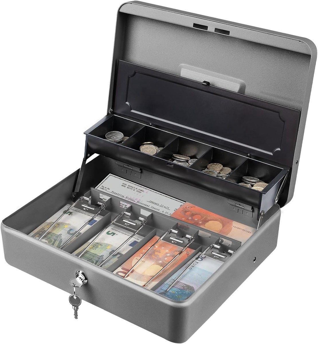 KL380-SL Kassalade voor munten en bankbiljetten, handmatig en automatisch openen, 4 vakken voor bankbiljetten en 5 stuks, 30 x 24 cm, POS Restaurant Supermarkt, KL380-SL