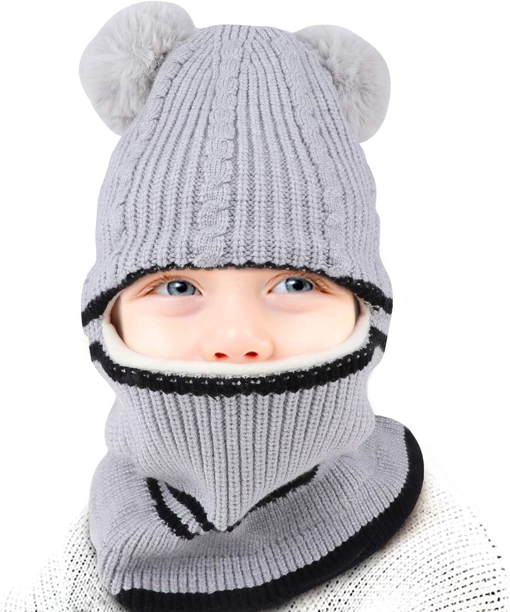 1 STKS Kid Winter Bivakmuts, Peuter Dikker Winter Bivakmuts Beanie Hoeden Warm Gebreide Cap Sjaal Snood Neck Warmer Thermische Fleece Voering Gebreide Muts met 2 Pluizige Bal voor Jongens