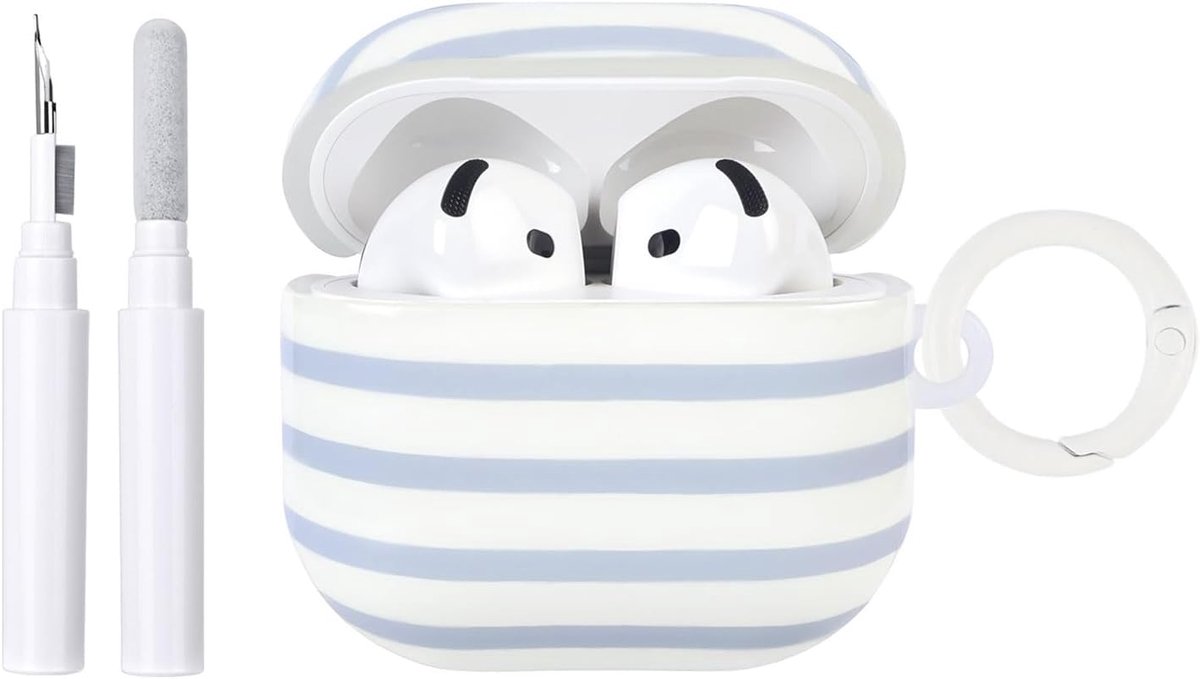 Compatibel met beschermhoes voor AirPods 4e generatie met reinigingsset, schattig, horizontale strepen, esthetisch strependesign, schokbestendig, voor deur, sleutel, zachte hoes, blauw