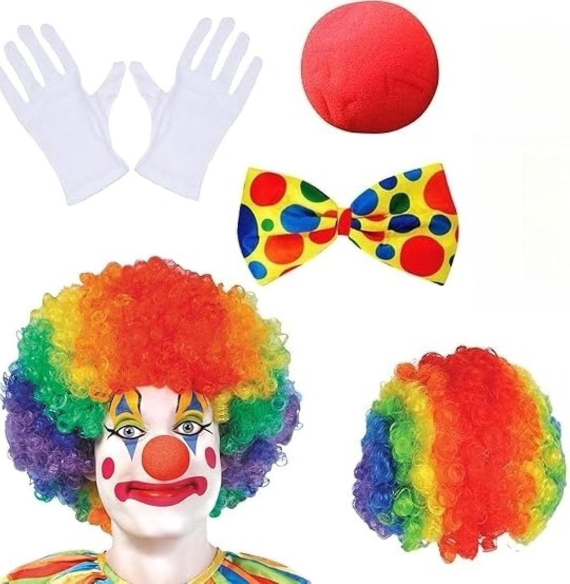 4 stuks clownskostuumset, leuke set met regenboogpruik, neus, vlinderdas, witte handschoenen voor Halloween, feest, cosplay, carnaval, circusshow, clownkostuum, benodigdheden voor kinderen