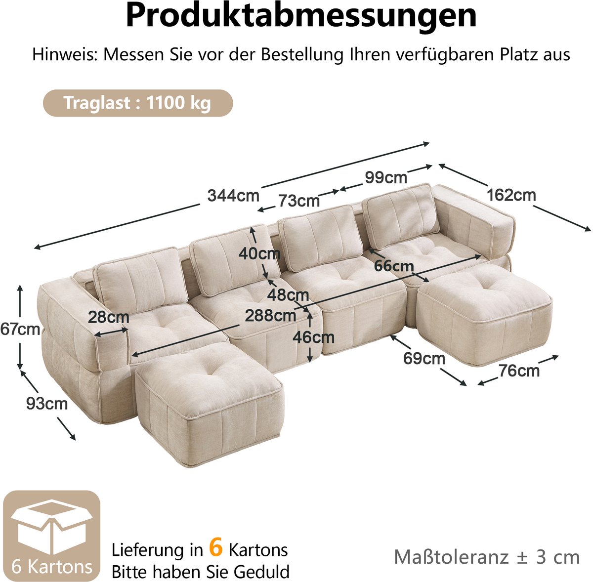 MIVRAY U-bank 344 x 162 x 67 cm - Modulair 4-zits Ontwerp Met 2 Hockers Zonder Frame - Voor Woonkamer - Polyester Beige