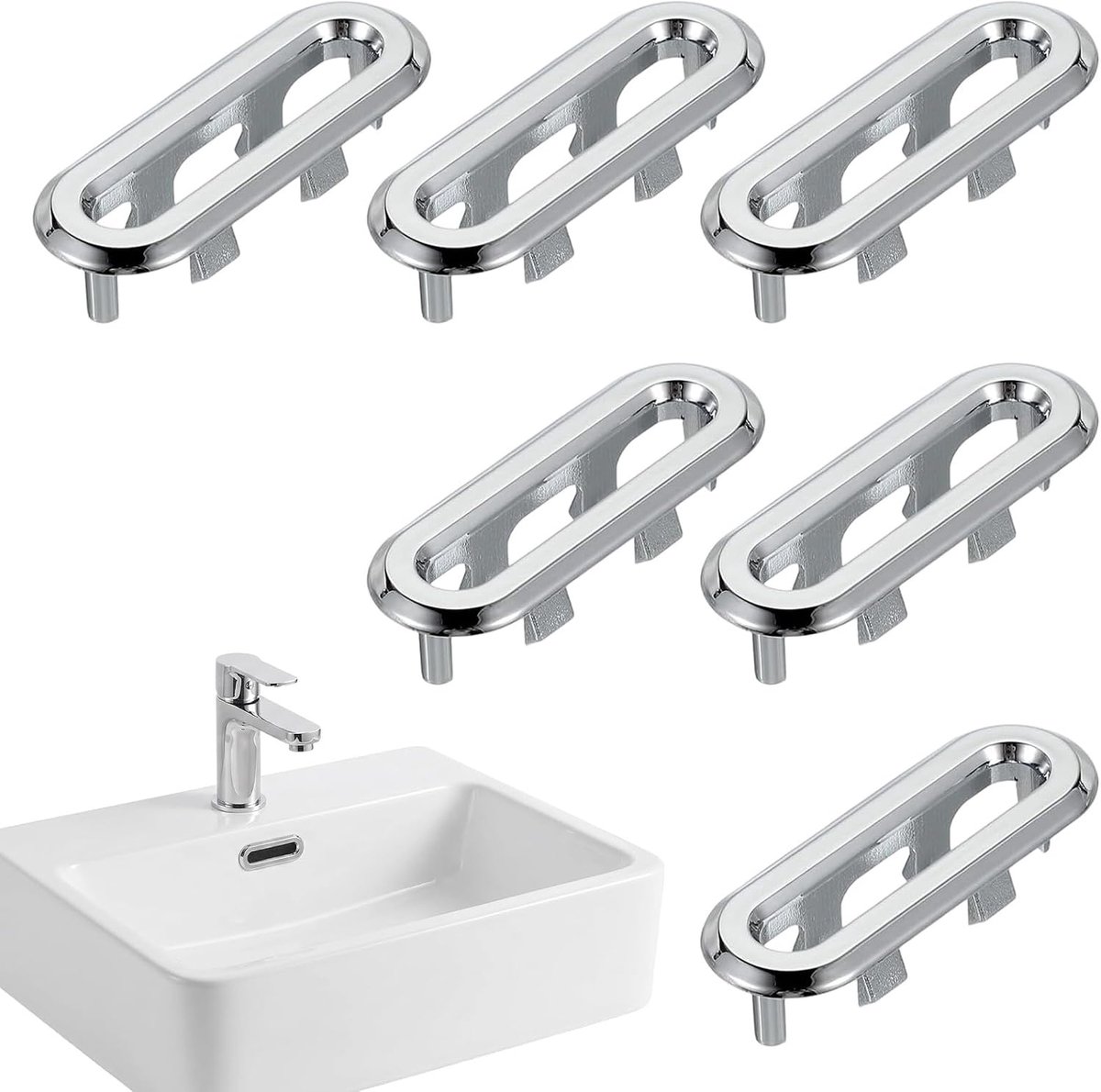 6 stuks afdekkingen voor gootsteen, gatafdekking, afdekking voor gootsteen, overloop, gootsteen, holle ring, gat, rechthoekig deksel, voor badkamer of keuken