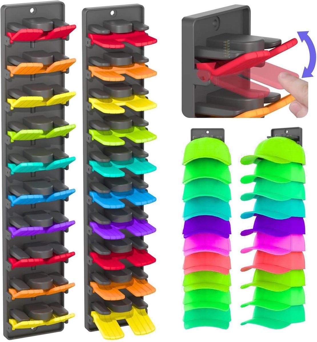 Baseballcap-organizer, set van 2 wandhouders met 20 veerclips, verstelbare opslag voor kast en deur, sterke hechting en schroeven, inclusief meerkleurig