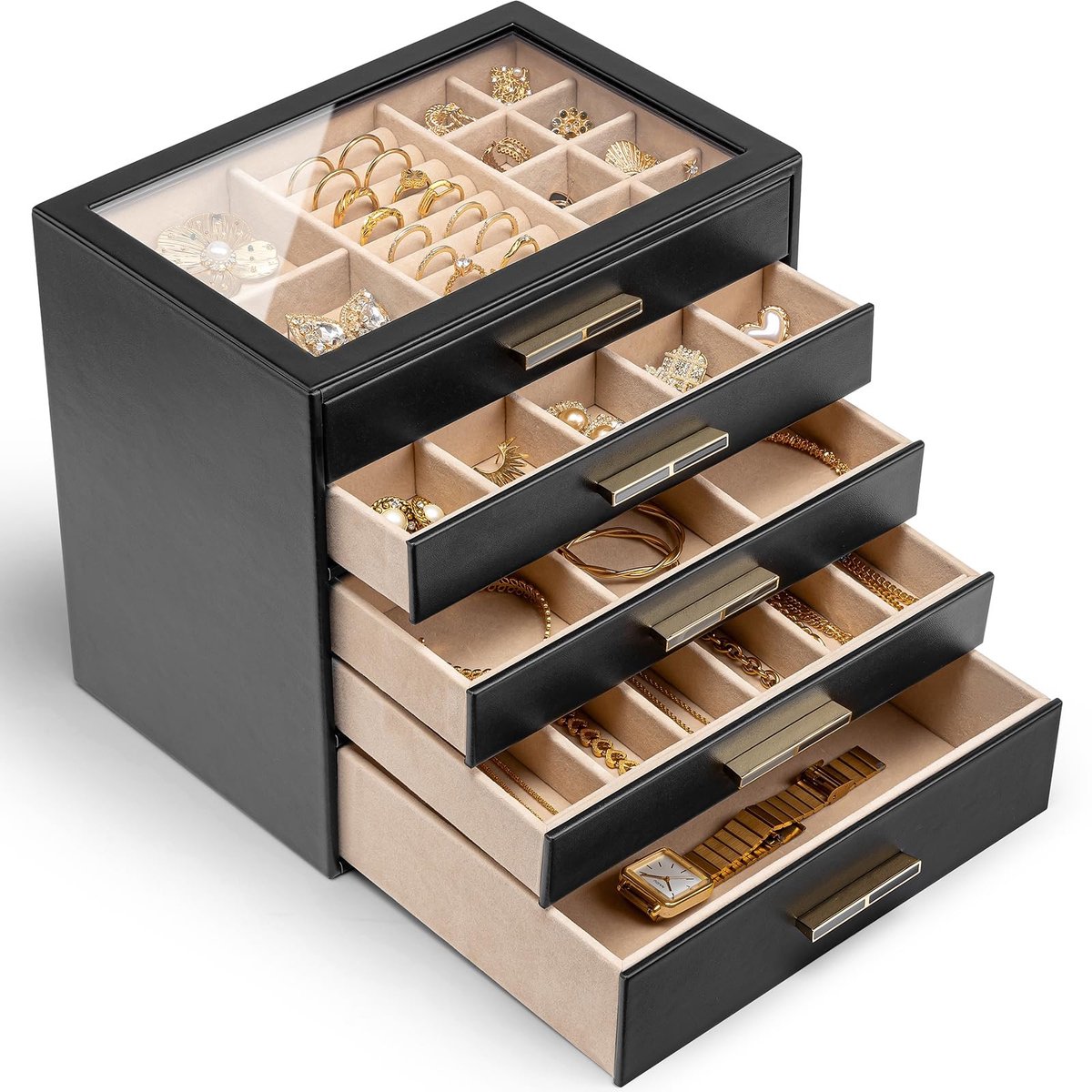 Omgoods - 5 Laags Sieradenbox met Glazen Deksel