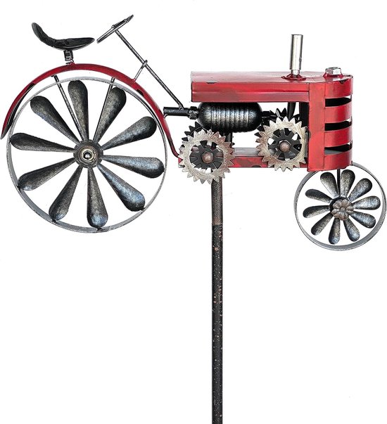 Tuinsteker tractor - Tuindecoratie metaal - Tuin versieren - Windmolens kogelgelagerd - 159 cm hoog - Rood roestlook — afbeelding 2