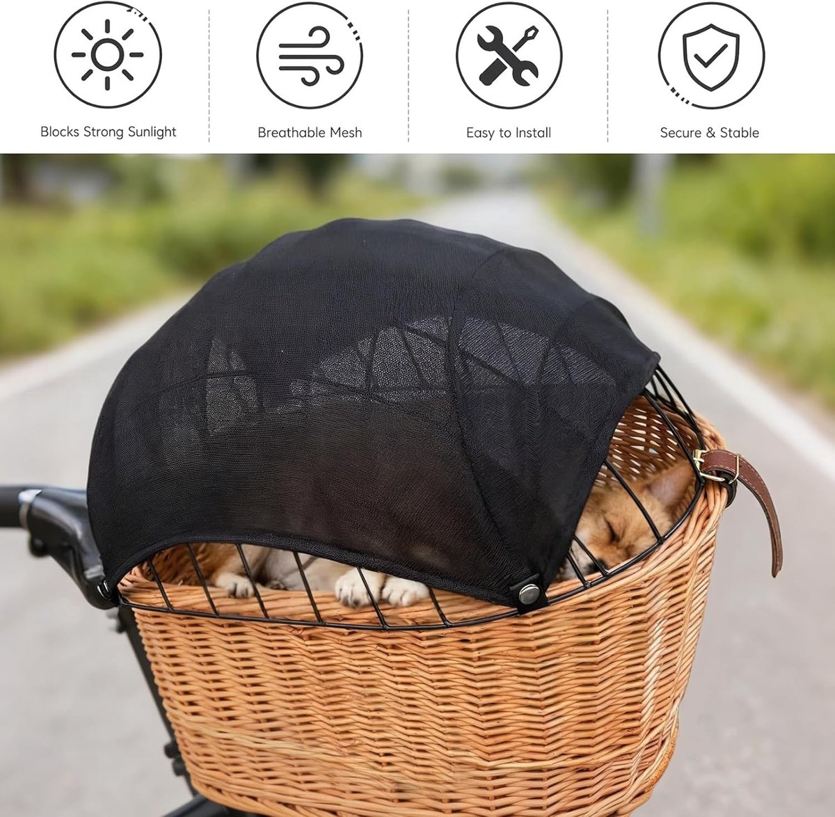 Hondenmand fiets bagagedrager - Zwart - Groot - Ademend microvezel zonnezeil met verstelbaar net - Voor veilige hondenfietstochten