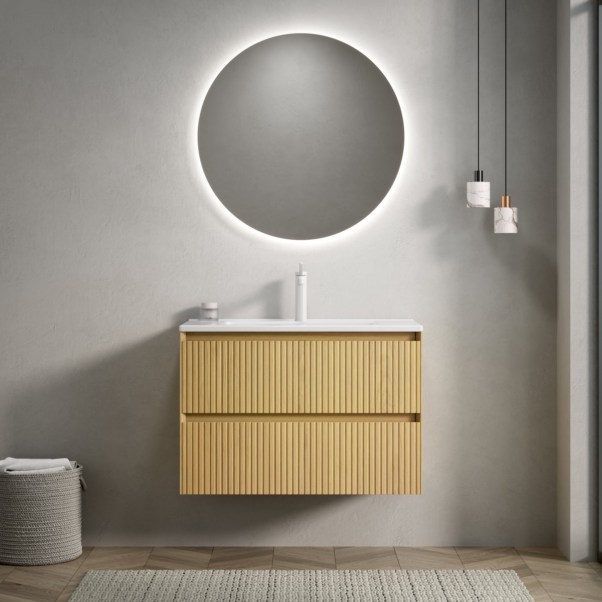 Hangend badkamermeubel met wastafel - Ruimtebesparend design - 75 cm - Collora eiken & wit - 2 soft-close lades tot 30 kg - Gestreepte massief houten fronten - Voorgemonteerd