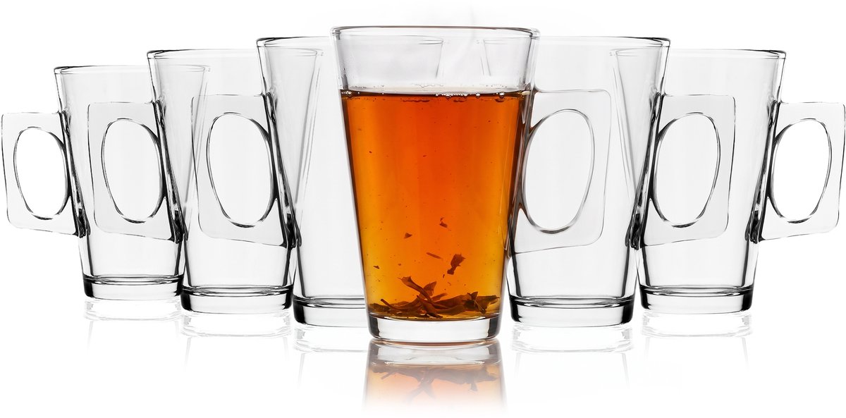 Springos Koffie- en theeglazen Set van 6 - Latte en ijsdesserts - Handvat - 225 ML