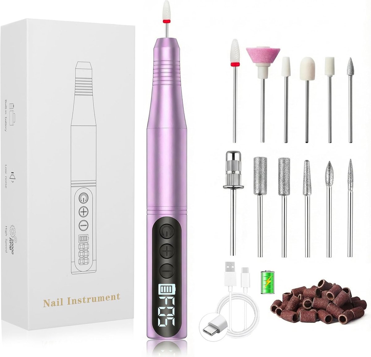 Professionele nagelfrees, draagbaar, elektrisch, draadloos, 20.000 omw/min, gel en acryl, manicureset, pedicure, oplaadbaar, met 12 opzetstukken voor nagelriemen en eelt