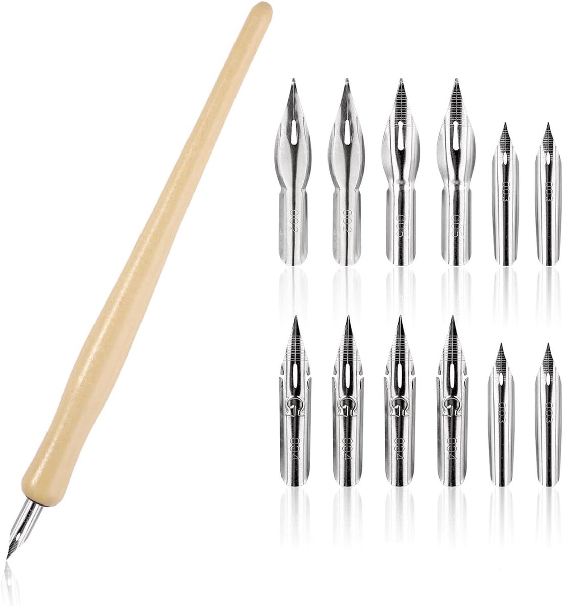Kalligrafiesets, 11 tekenveer, 1 vulpen, 10 veren, set met penhouder en houder met schuine kalligrafie pennen voor schrijven en schilderen