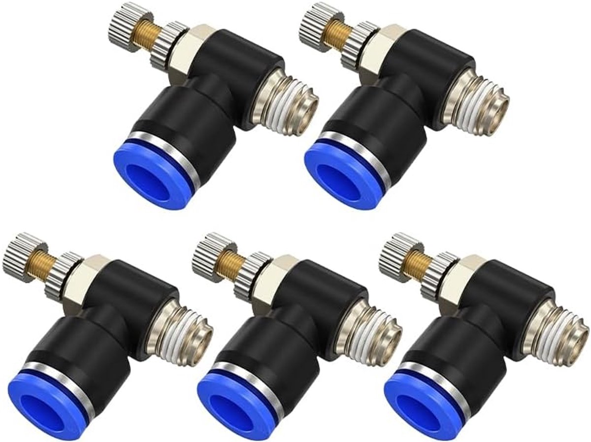 5 stuks pneumatische hoekverbinding, luchtstroomregelventiel, 90 graden, buis OD 6 mm, 8 mm, met schroefdraad 1/8 of 1/4 inch