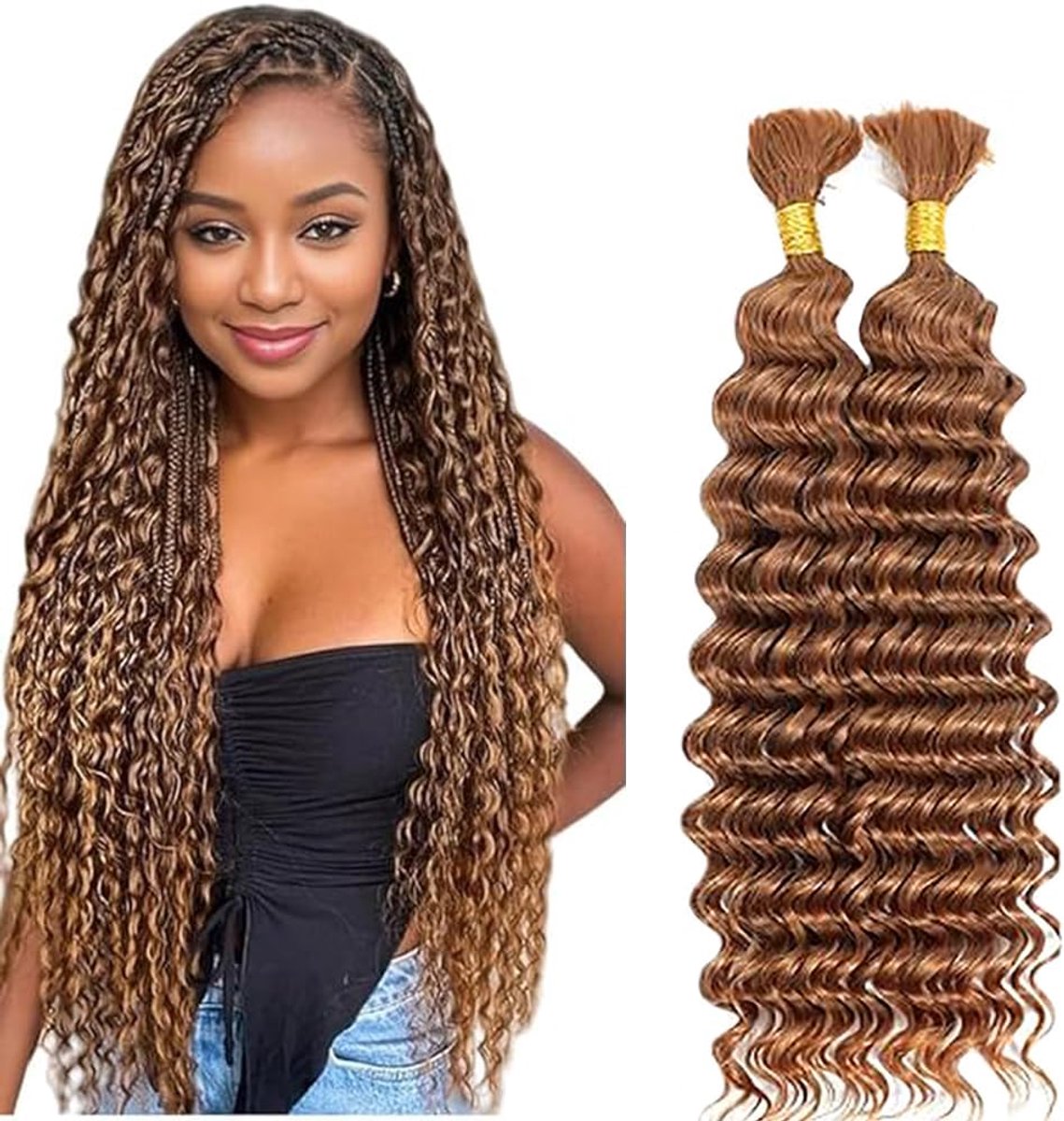 Wave Bulk Human Braiding Hair for Boho Braids Knotless Braids Total 100g 2 Bundles 28 28 Inch Human Hair Extension Unprocessed No Weft #30 Light Brown for Women