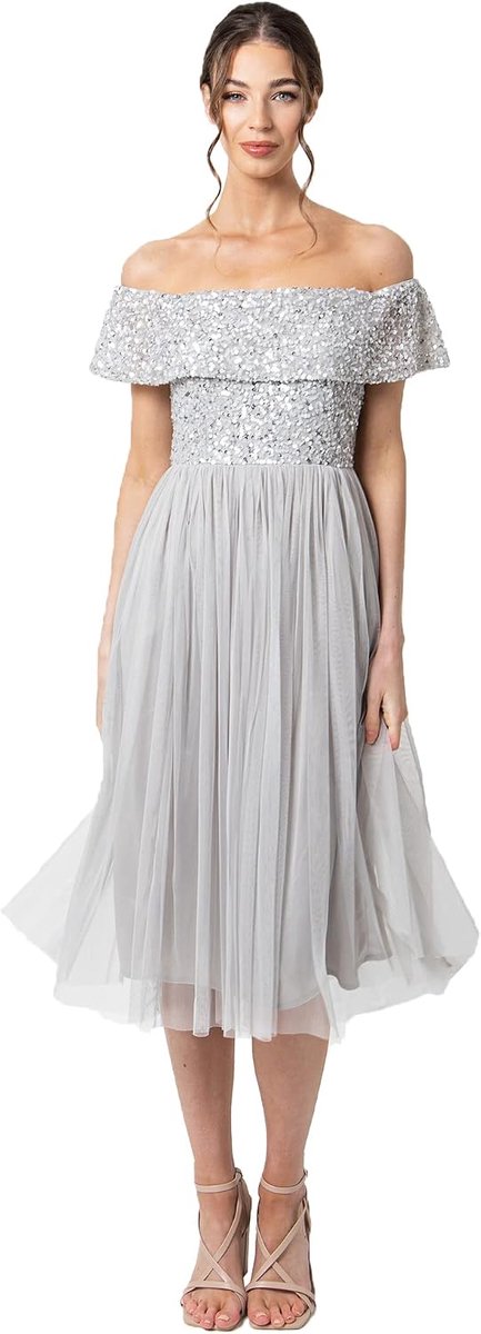 Deluxe Dames Bardot Versierde Midi Jurk Bruidsmeisje, Zacht Grijs, 8