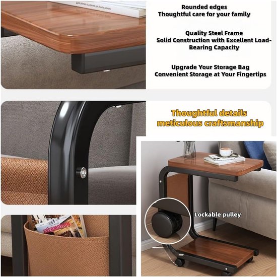 Bijzettafel C-vorm met 4 wielen (2 rembare) - salontafel met 2 niveaus & zijvak, mobiel en ruimtebesparend, in notenhout-look — afbeelding 2