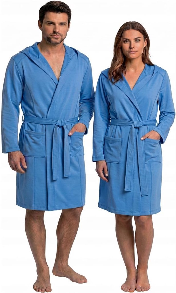 L&j Badjas voor dames en heren, uniseks, microvezel met capuchon, zacht en absorberend, met zakken en riem, ideaal voor badkamer, spa, zwembad, fitnessstudio, sport, blauw