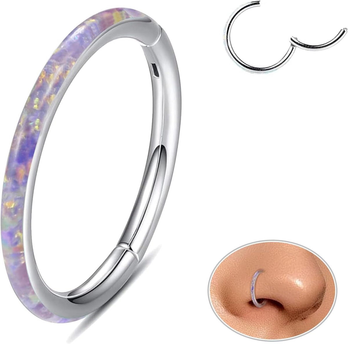 Titan Septumpiercingring Neuspiercing Helixring Neusring Piercing Oor Neusgat Tragus Conch Daith Clicker Lippiercing Neusringen Opal Hypoallergeen Paars Zilver 16G 6MM