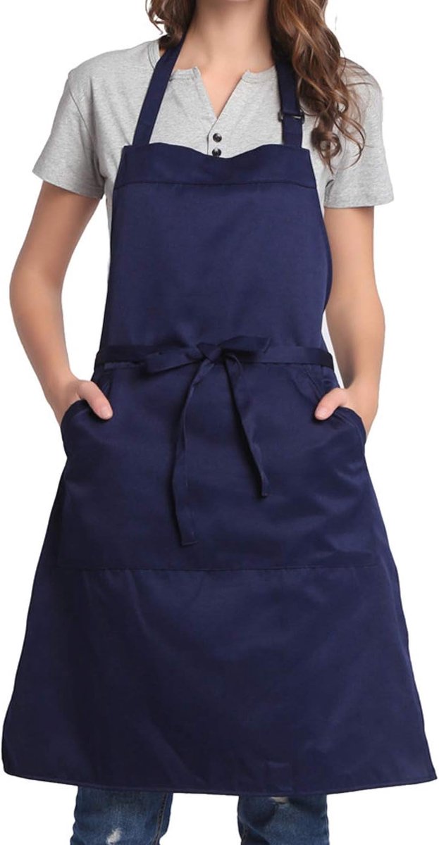Verstelbaar slabbetje schort met lange banden voor dames en heren, 18 kleuren, chef-kok, keuken, koken (marineblauw)