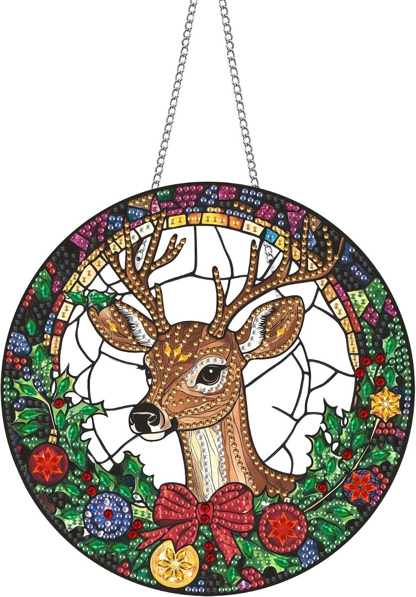 Acrylbord diamond painting hanger & raamafbeeldingen set met ketting - kersthers DIY schilderij hanger diamant kunst wandbehang kits 20 x 20 cm - voor muur en entree decoratie