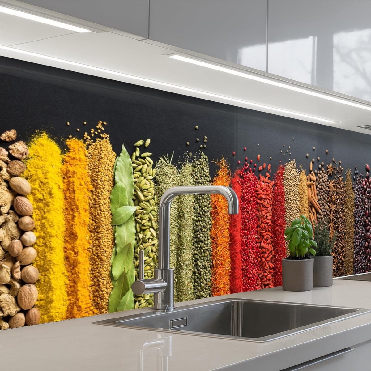 Keukenachterwand 60x200 cm zelfklevend keuken decoratie accessories home kitchen spatscherm Specerijen - Kruiden - Banen - Regenboog