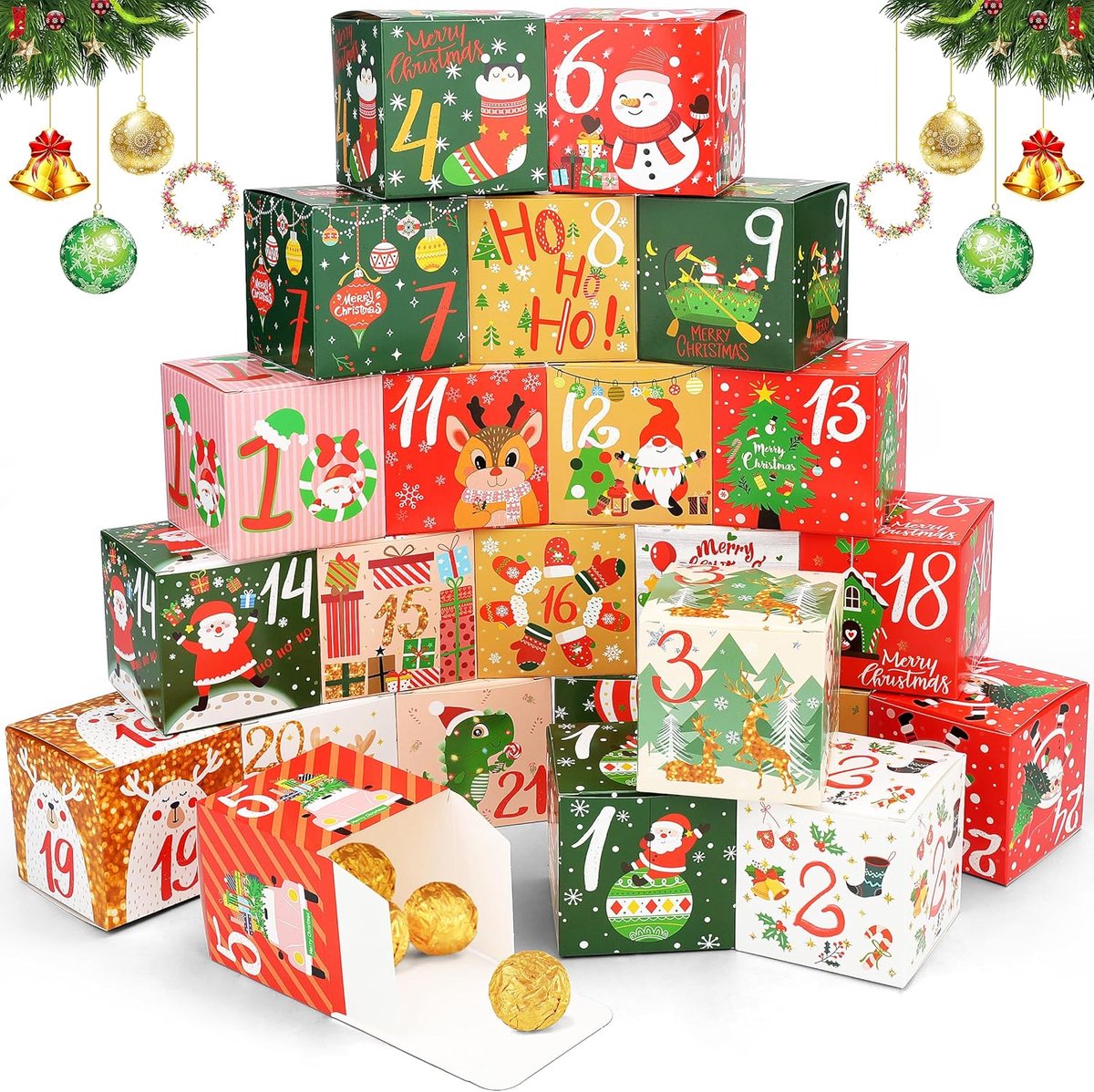 24 stuks adventskalenderdozen 2025 om te vullen, kleurrijke doe-het-zelf adventskalender om te knutselen, opvouwbare geschenkdozen voor Kerstmis, kerstkalender voor familie en kinderen