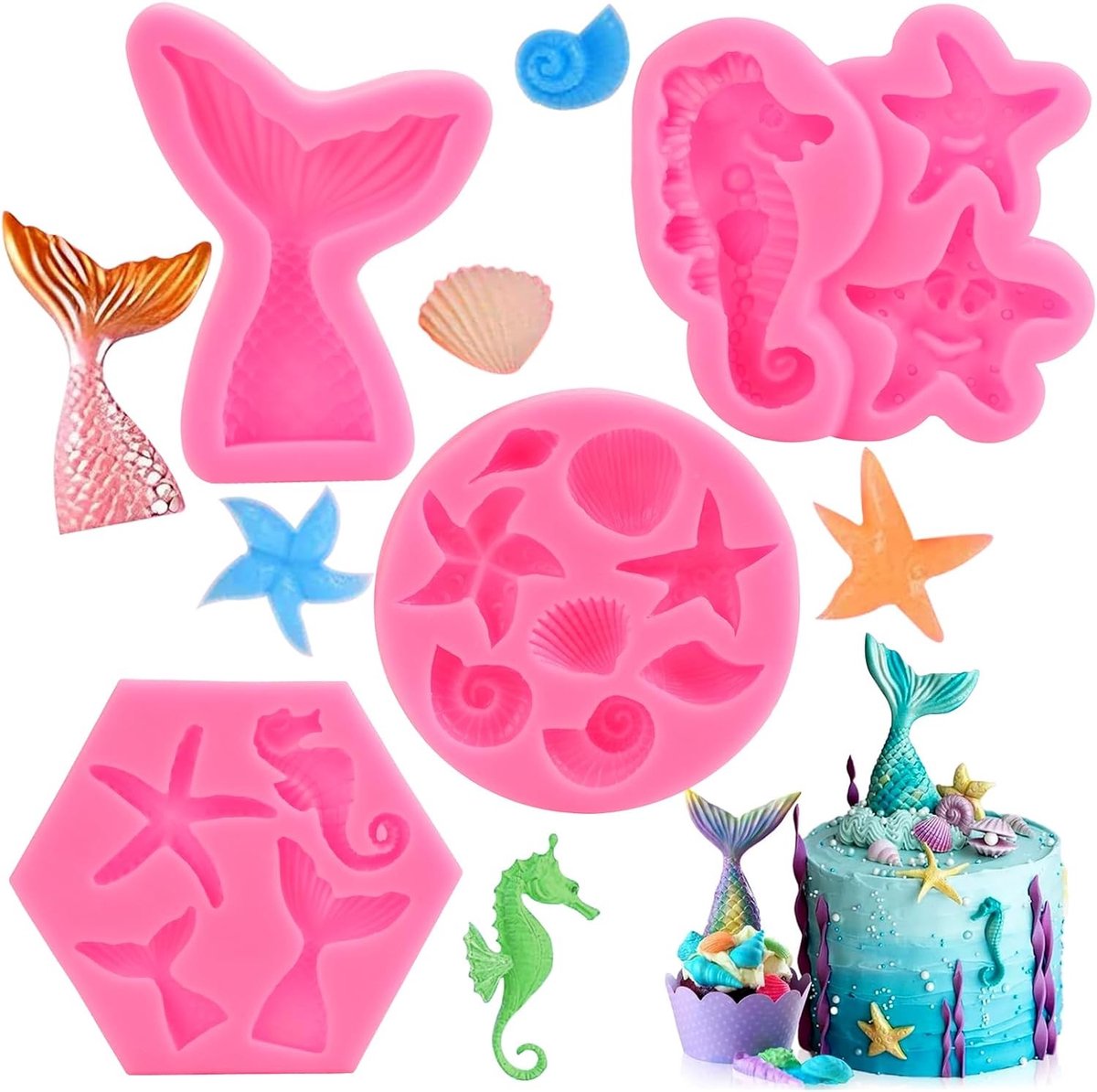 4 Stuks Silicone Mallen voor Zeemeermin en Oceaan Dieren, 3D Bakvormen voor Taart, Chocolade en Snoep, Creatieve DIY Mallen voor Bakplezier