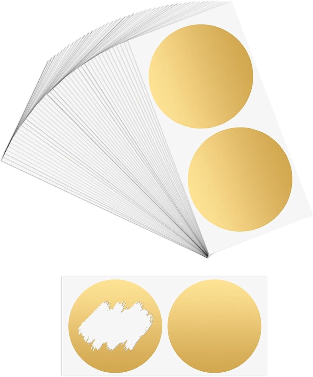 Krasstickers - Zelfklevend - Creativiteit - Ronde vorm - Etiketten - Doe-het-zelf - Beloning - Loterij - Kaarten maken - Scrapbooking - Ansichtkaarten - Wenskaarten - Goudkleurig - 100 Stuks.