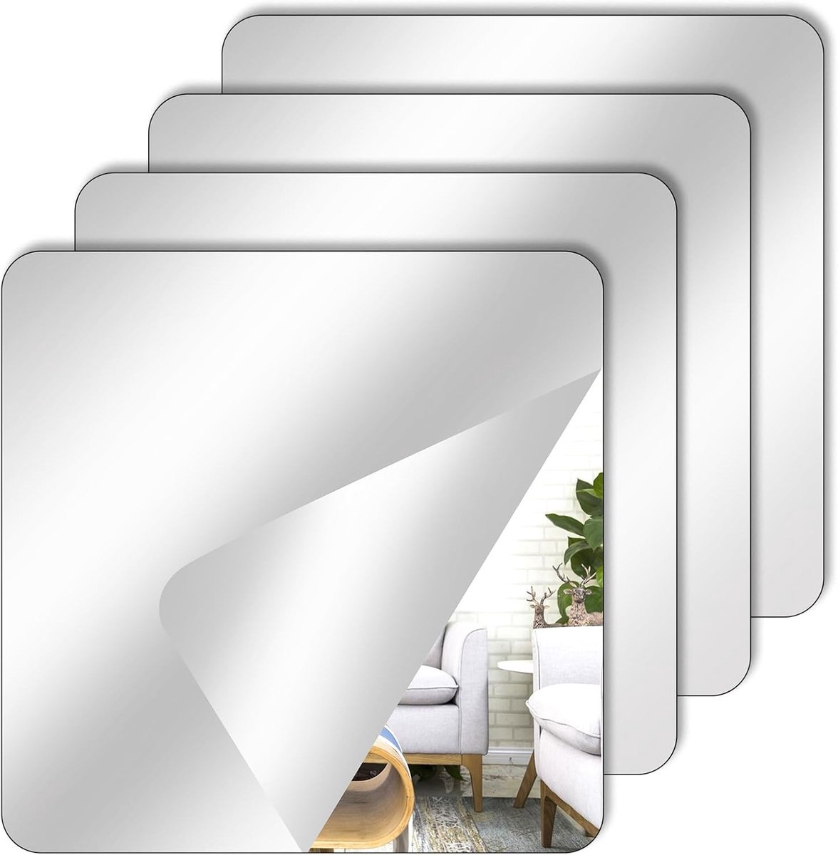 Set van 4 Zelfklevende Tegelspiegels van 15 x 15 cm voor Wanddecoratie, Badkamer en Woonkamer