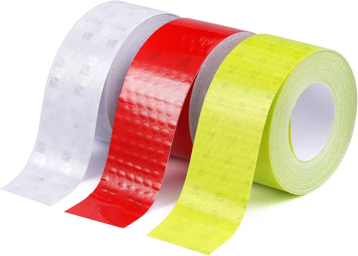 Set van 3 Stukken Hoogwaardige Reflecterende Tape, Waterdichte Zelfklevende Waarschuwingsstrip voor Voertuigen, Fietsen en Helmen - 5m x 2.5cm in Rood, Geel en Wit