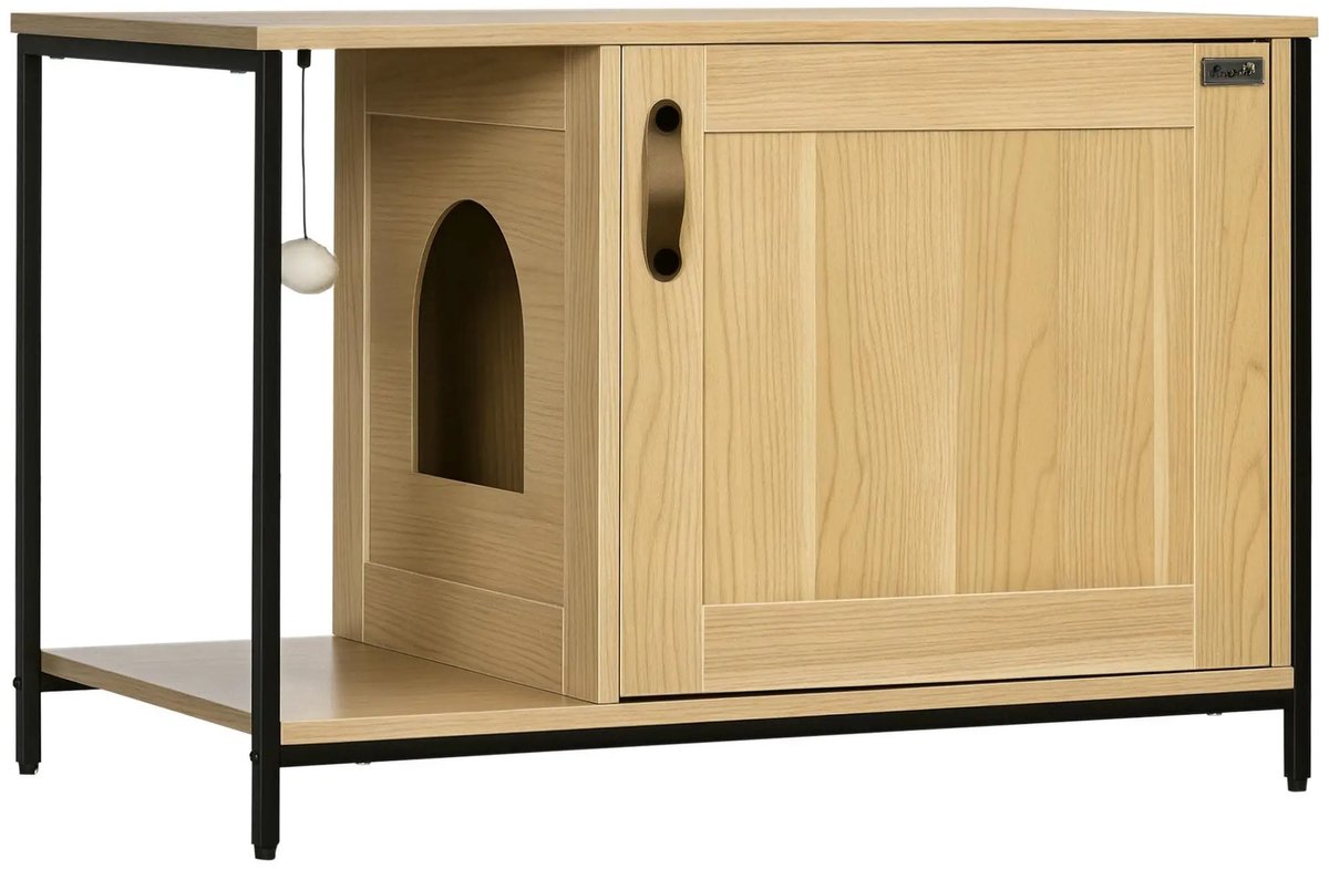 Emvae Kattenbak Kast - Kattenbak meubel - Kattenbak ombouw - Zij-ingang - Speelbal - 80 x 48 x 55 cm - Hout en Staal - Licht Hout en Zwart