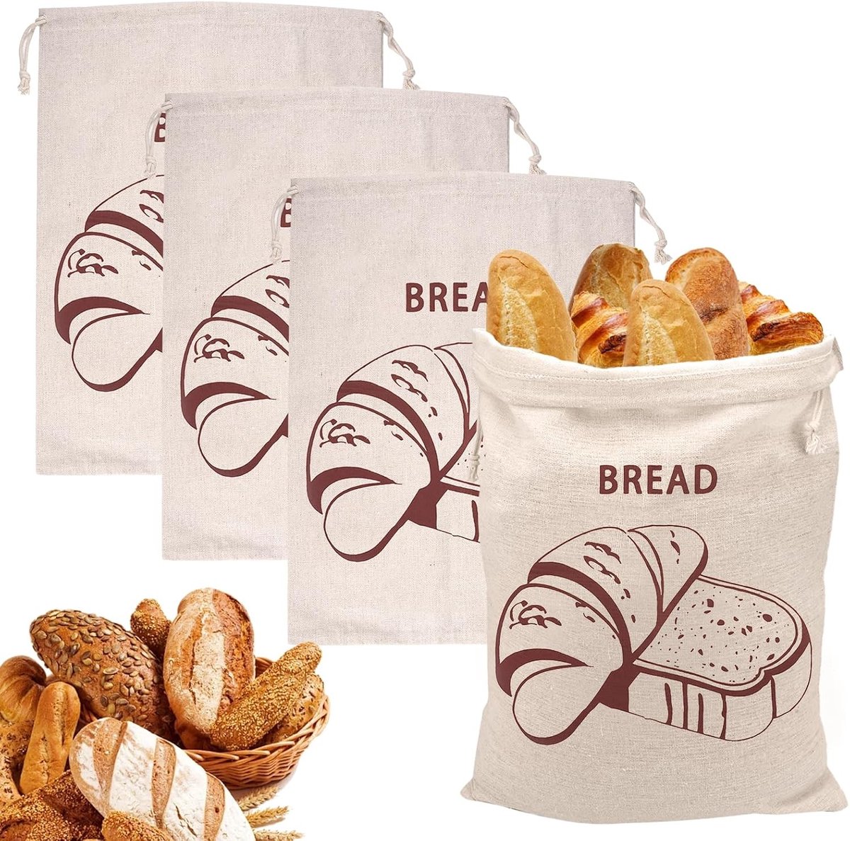 Herbruikbare Linnen Broodzakken Set van 4, 30 x 40 cm, Beige, Ideaal voor Vers Brood, Duurzaam en Milieuvriendelijk, Met Trekkoord voor Gemakkelijk Sluiten