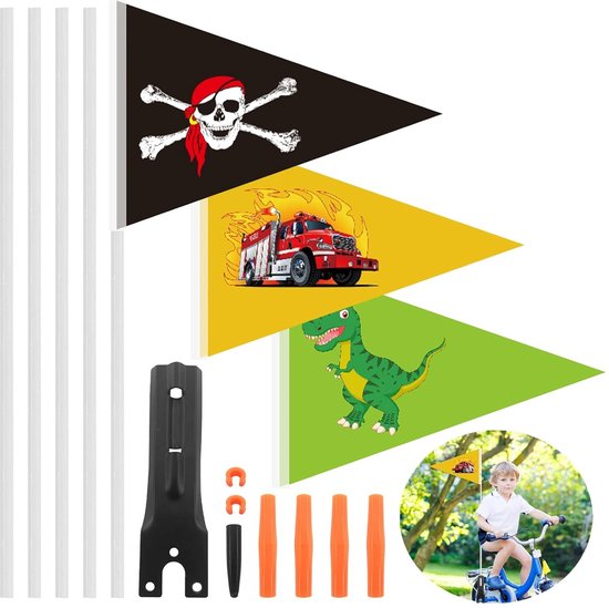 Set van drie fietsvlaggen met doodshoofd, brandweerauto en dinosaurus, inclusief montageonderdelen.