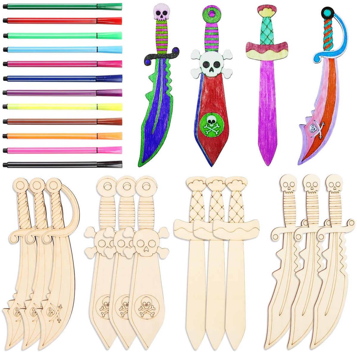 SolidKeus - Set van 12 Houten Piratenswords voor Creatieve Projecten