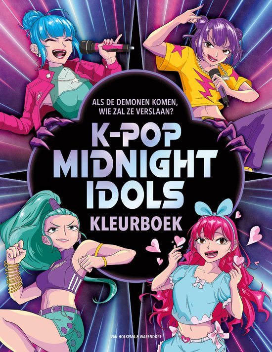 Vier anime-meisjes met verschillende kapsels en kleding, de een met microfoon, de ander met kettingen. Boven het midden staat K-POP MIDNIGHT IDOLS KLEURBOEK.