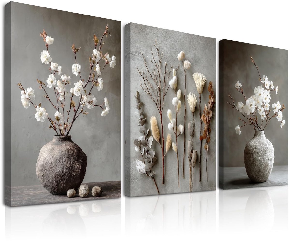 Elzusha - 3-delige Ingelijste Wandkunst Rustieke Vaas & Gedroogde Bloemen 30x40 cm