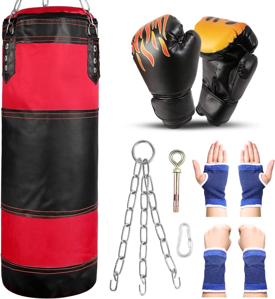 7-in-1 Punching Bag Set voor Kinderen, 2FT Kickbokszak, 6 oz Bokshandschoenen, Beschermende Mouwen en Hangkettingen